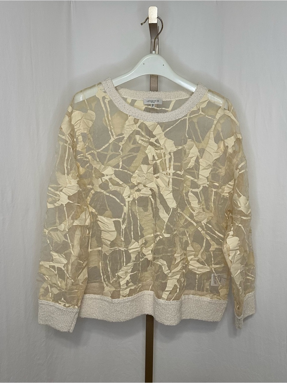 Lafayette 148 New York Cream Sheer Overlay Crewneck Sweater